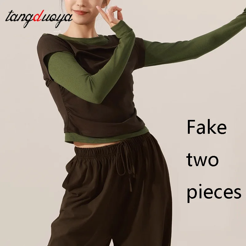 

Танцевальные костюмы для взрослых женщин, осенне-зимняя современная танцевальная одежда для тренировок, одежда с длинными рукавами, искусственные топы из двух предметов для китайских танцев