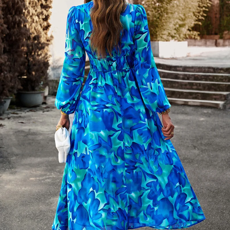 Spring Autumn Boho Floral Women's Maxi Dress Casual Long Sleeve V Neck Printed Beach Sundress Elegant Flowy Long Dresses Ladies
