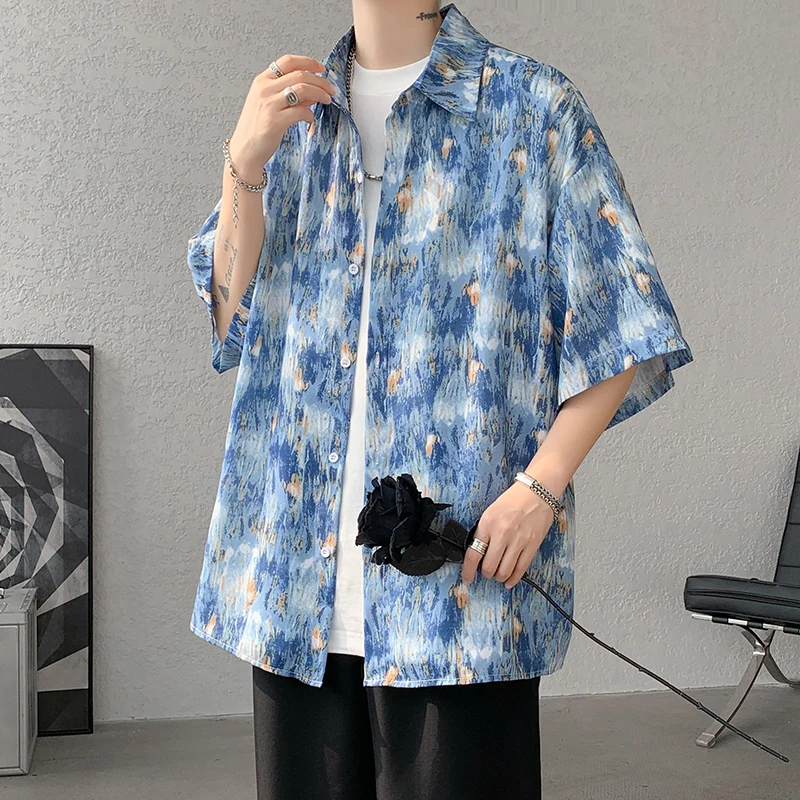 Men Ice Silk Smooth Shirt Spring Summer Thin Luxury Loose Korean Casual Shirt Beach Trendy Floral Draping Shirts Plus Size 5XL-M