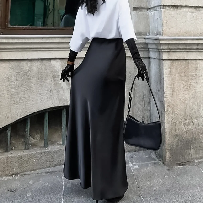 UOOZEE Elegancka spódnica maxi do pracy, rozkloszowana, długa, w jednolitym kolorze, luźna, z wysokim stanem, zapinana na zamek, idealna na imprezy, model 2026