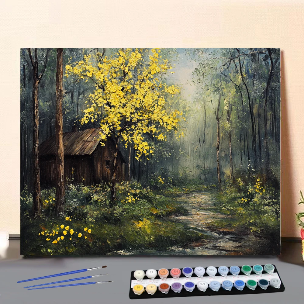 

Картина по номерам, небольшой деревянный домик, глубокий в лесу, цифровая живопись, ручная работа, подарок для взрослых и детей, украшение на стену D