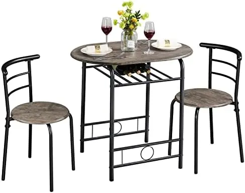 3 Piece Dining Table Set, Kitchen Table & Chair Sets for 2, Compact Bistro Table Set with Steel Legs, Built-in Wine