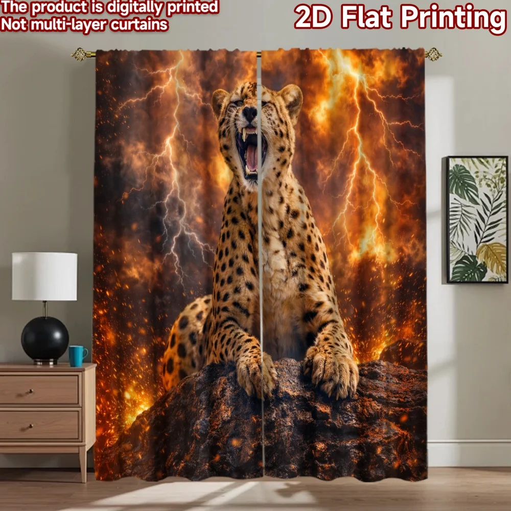 2D flat printing 2pcs Curtain Curtain Fiery Leopard Roar Digital Printed Polyester Drapes Party Decorations for Home Decor for