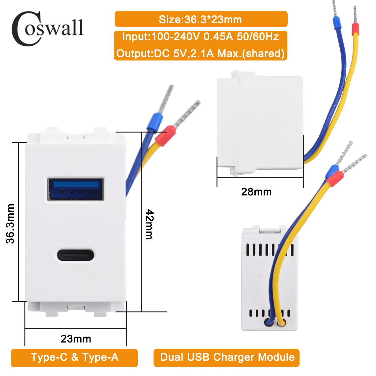 COSWALL 128 Type White / Black 36.3*23mm Wall Socket Type-C &A Dual USB Charger DC 5V,2A Max. Module DIY AC 100-240V