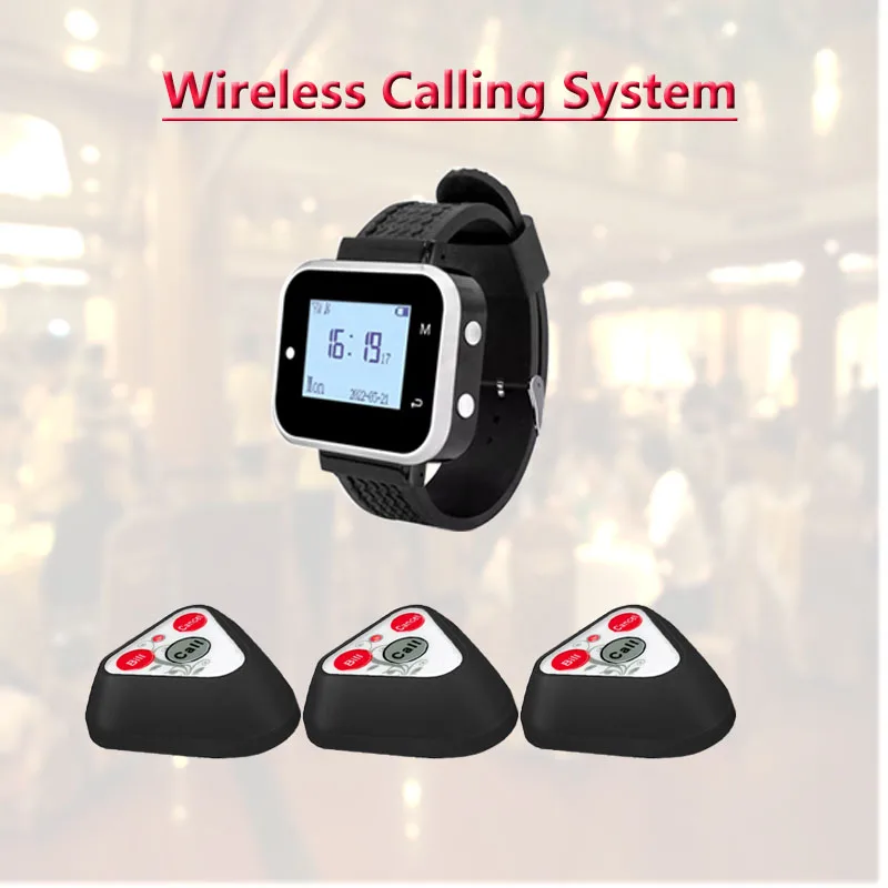 QWICALL 3 Long Distance Button Transmitters 1 Wrist Watch Pager Wireless Calling System Service For Restaurant Hotel Cafe Bar