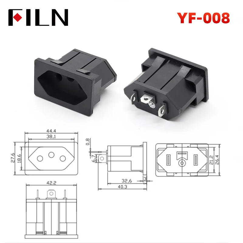 FILN IEC320 3 Pin Red LED 250V Rocker Switch 10A Fuse Female Male Inlet Plug Connector 2 Pin Socket Mount Electrical AC Socket