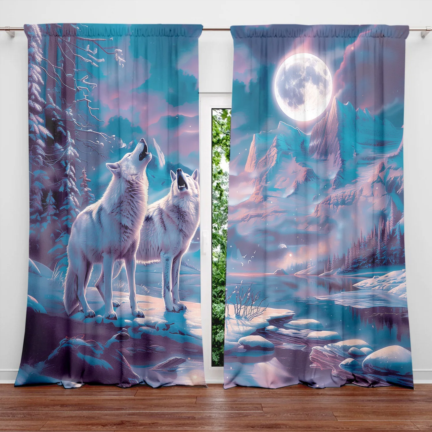 Dramatic Wolf Moon Fantasy Curtain Panels Blue Purple Forest Decor Window Drapes Bohemian Aesthetic Bedroom Living Room