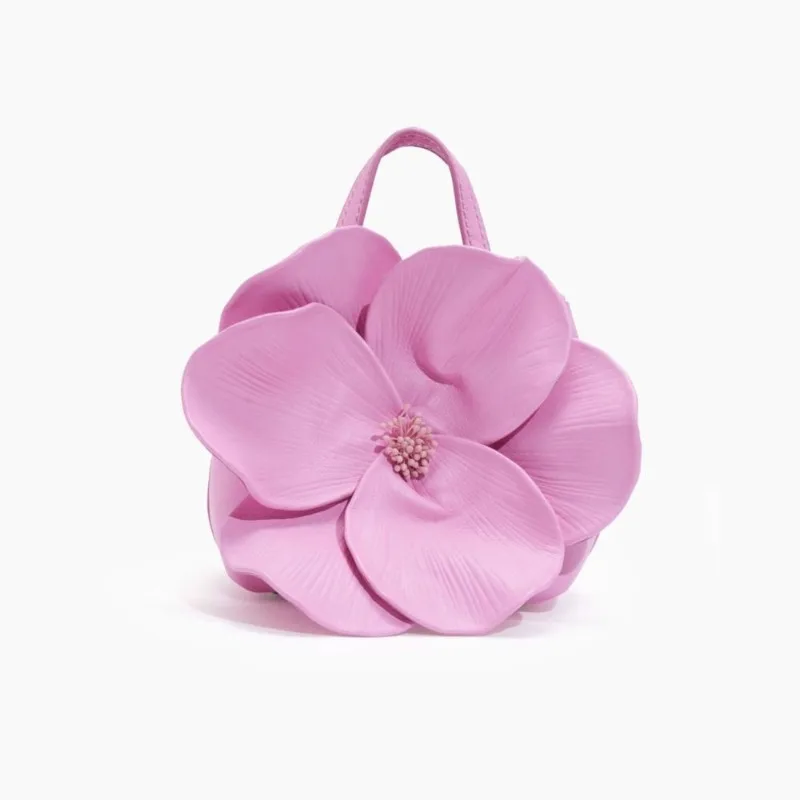 

French Fashion Women Handbag Pink Petal Flower Tote Bag Creative PU Bucket Bag Ladies Floral Pleated Bags Sac A Main Femme