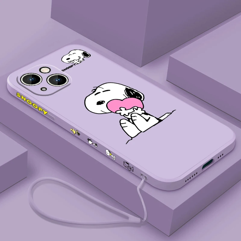 Мультяшный S-SnoopyS для Apple iPhone 15, 14, 13, 12, 11, XS, XR, X, 8, 7 Pro, Max Plus, мини-чехол для телефона с жидким левым шнуром