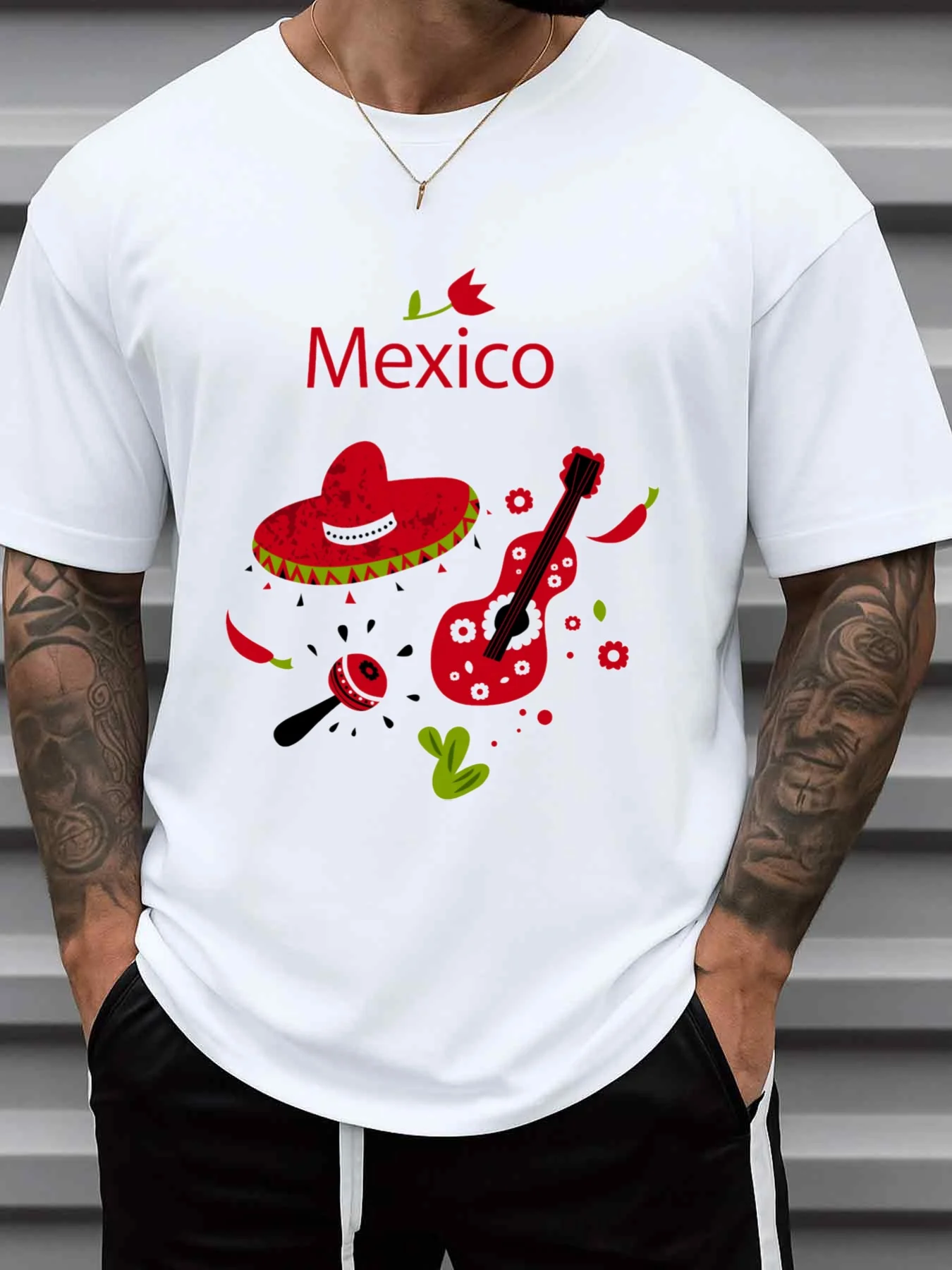 Men's Mexican-Themed T-Shirt - Short-Sleeved Crew Neck Shirt with Maracas, Wide-Brimmed Hat, and Cactus Print, Suitable for Everyday Casual Wear, Holiday Parties, Gym, and All Seasons - Mexican-Themed Apparel