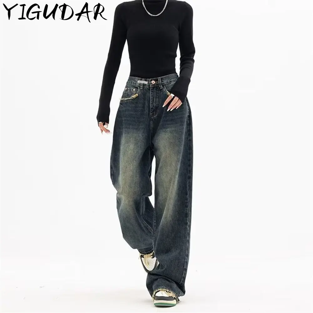 

Autumn/Winter Fashion American Style Retro Blue Jeans Women/Girl High Waist Washing Do Old Vintage Loose Wide Leg Denim Pants