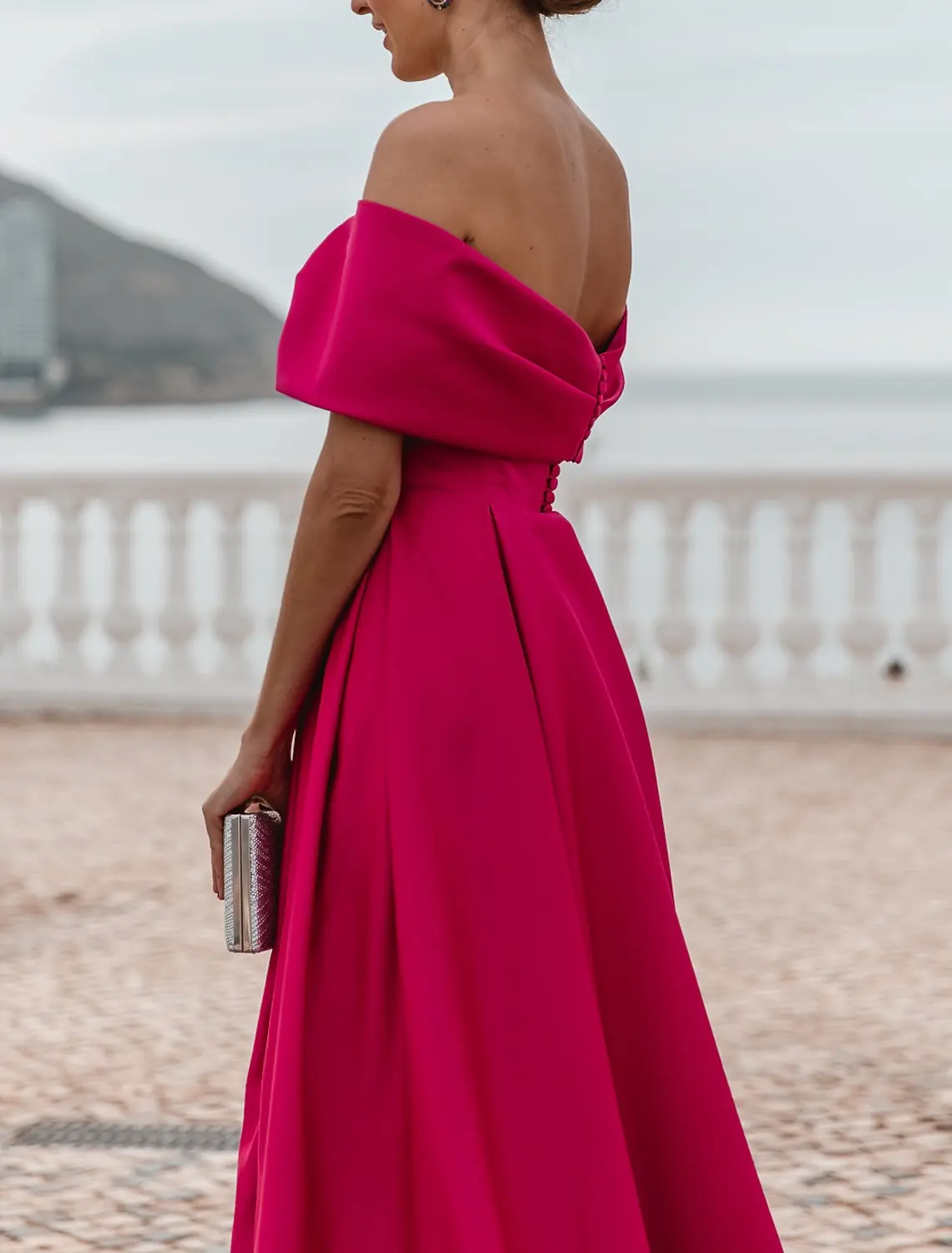 Cetim fúcsia fora do ombro vestido de noite, Vestidos elegantes de baile de fenda alta, Vestidos sem encosto, Festa de casamento formal