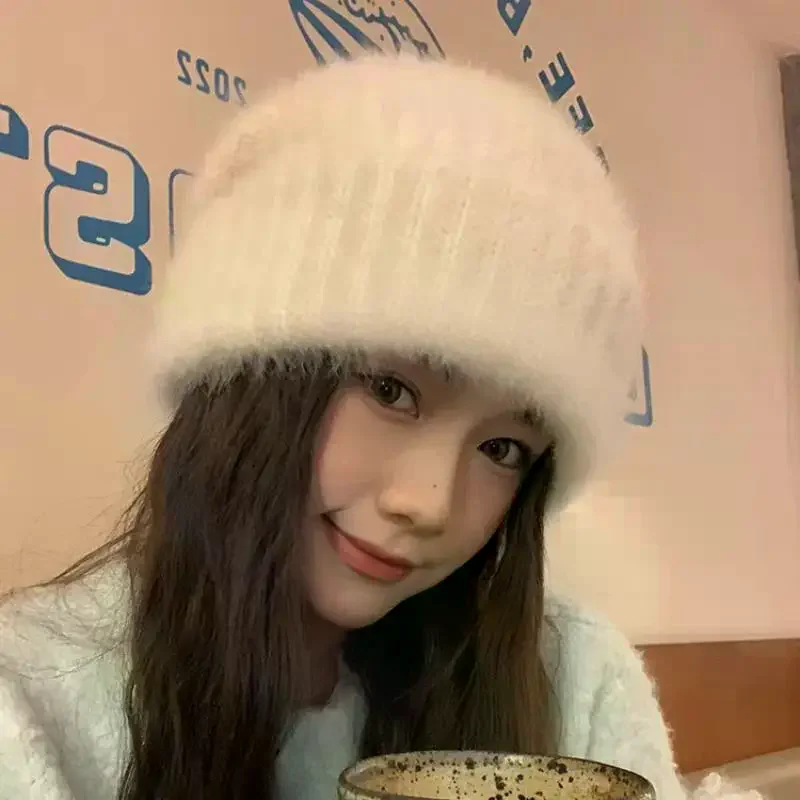 Faux Rabbit Fur Knitted Beanie Women Winter Warm Thick Soft Hat Slouchy Loose Baggy Skull Cap Female Fluffy Plush Bonnet