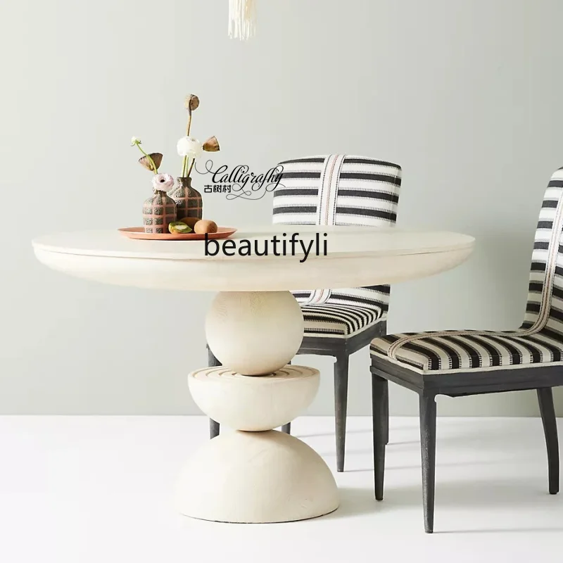 

YH American country log retro round table French solid wood simple dining table Nordic light luxury modern table