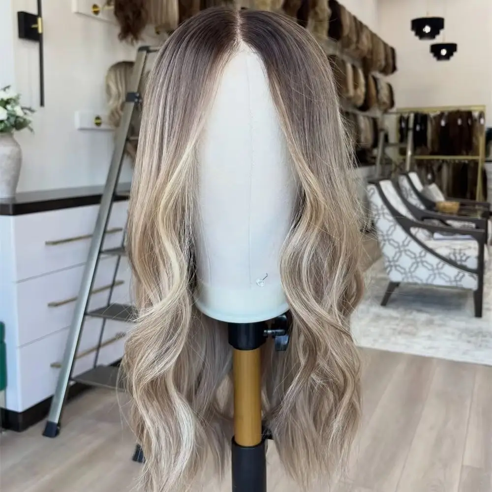 Glueless Wig 13x4 Ombre Ash Brown with Blonde Streaks Colored Synthetic HD Lace Front Wig Preplucked Hairline Like Human Hair