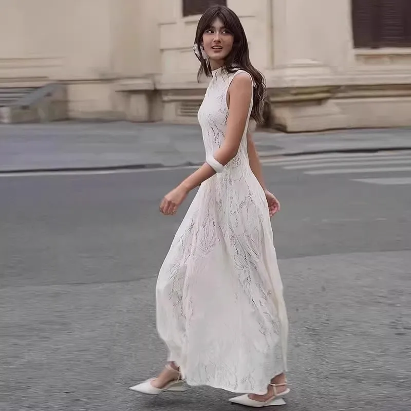 Women Long Lace Dress 2025 Cute Hollow Out Sleeveless Slim Tank White A Line Dress