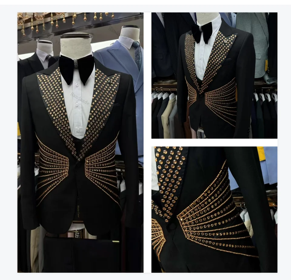 

Black Men Suits 2 Piece Blazer+Pants Luxury Golden Crystals Stone Wedding Tuxedo Coat Customized Formal Office Jacket Trousers