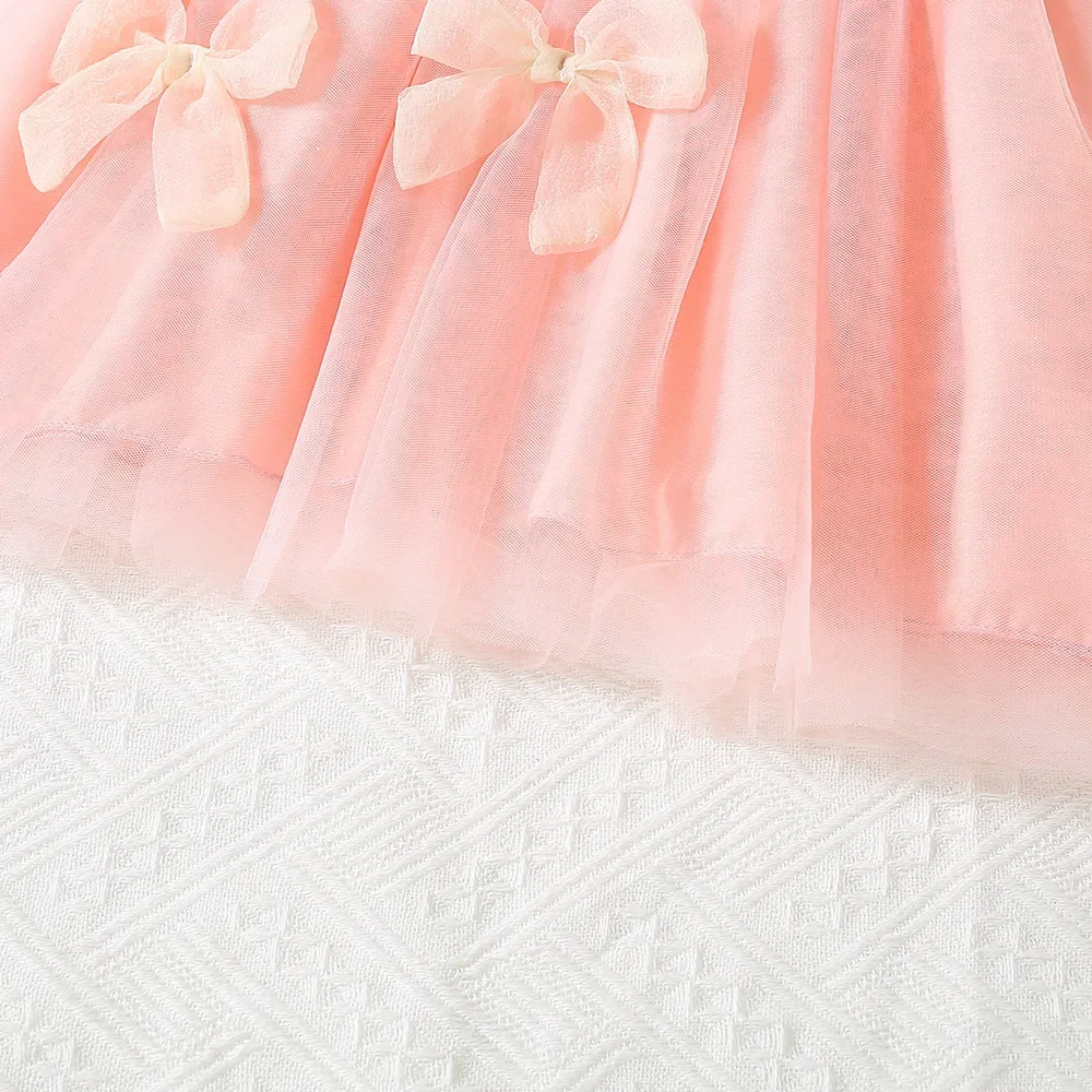 Summer New Girl Baby Dress Sweet Princess Dress Small Flying Sleeves Solid Color Bow Ribbon Mesh Dress