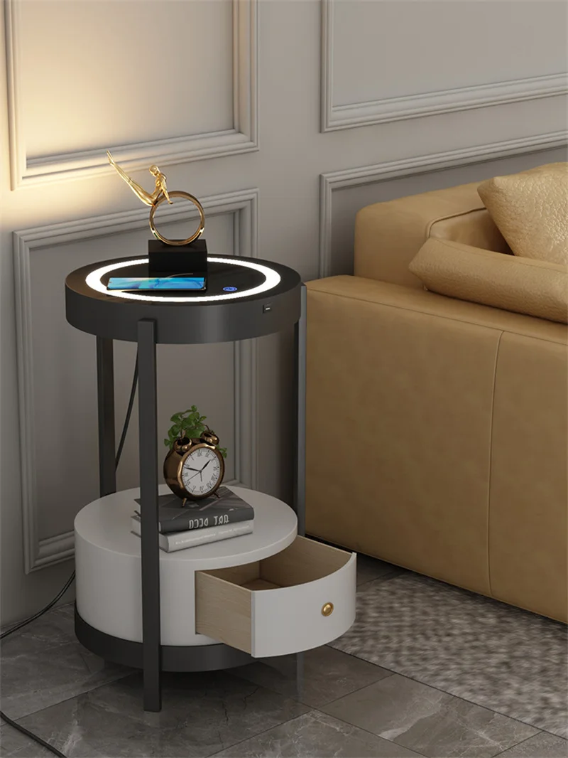 Nordic modern sofa side metal creative bedroom bedside table with tea table floor lamp living room wireless charging nightstand