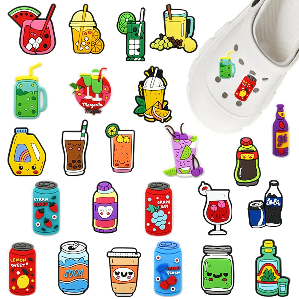 New1-24pcs Summer Drink Cartoon Series PVC Shoes Accessories Fit with Hole wristbands DIY creativity Shoe Charms Decorations