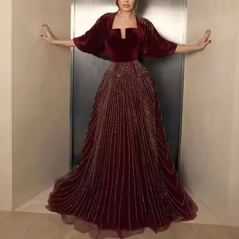 Customized Beaded Sequin Embroidery Evening Dress with Short Cape Strapless A Line Formal Evening Gown Velvet Winter Dresses