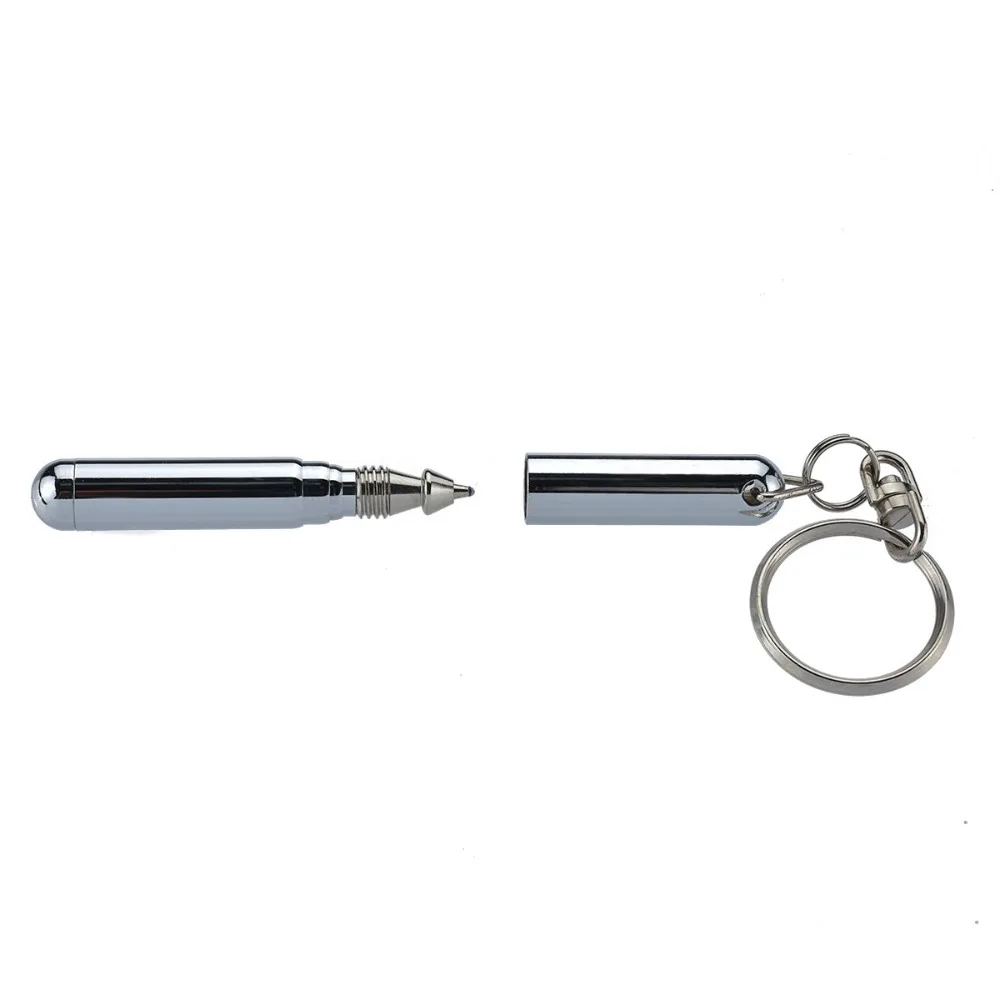 Creative Telescoping Ballpoint Pen Blue Ink Stainless Steel Shell Outdoor Mini Ballpoint Pen with Key Ring