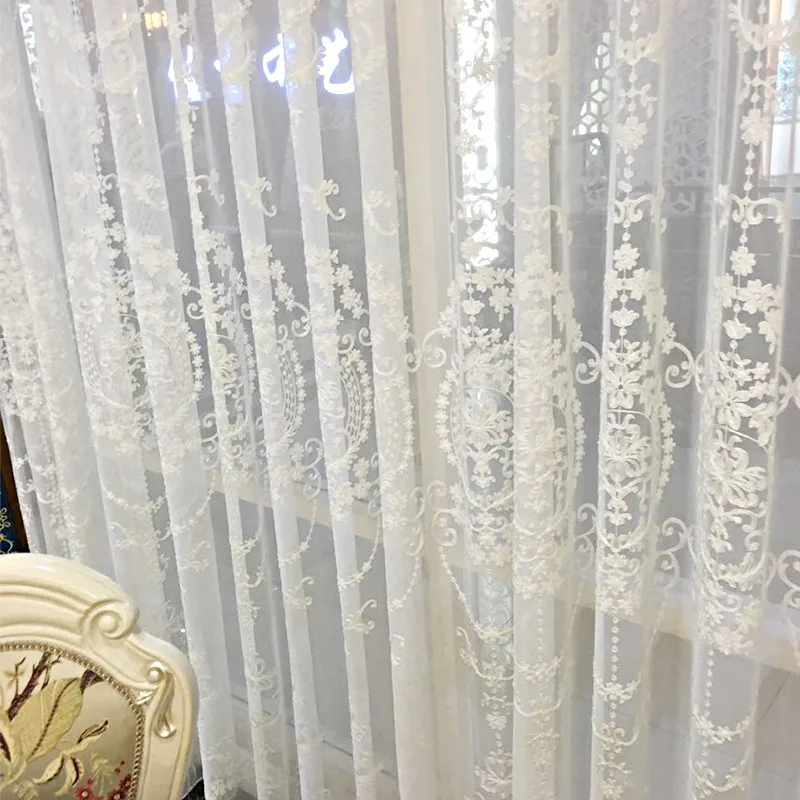 Elegantes cortinas de tule branco com pérolas bordadas, cortinas de tule para sala de estar, cortina de ver através