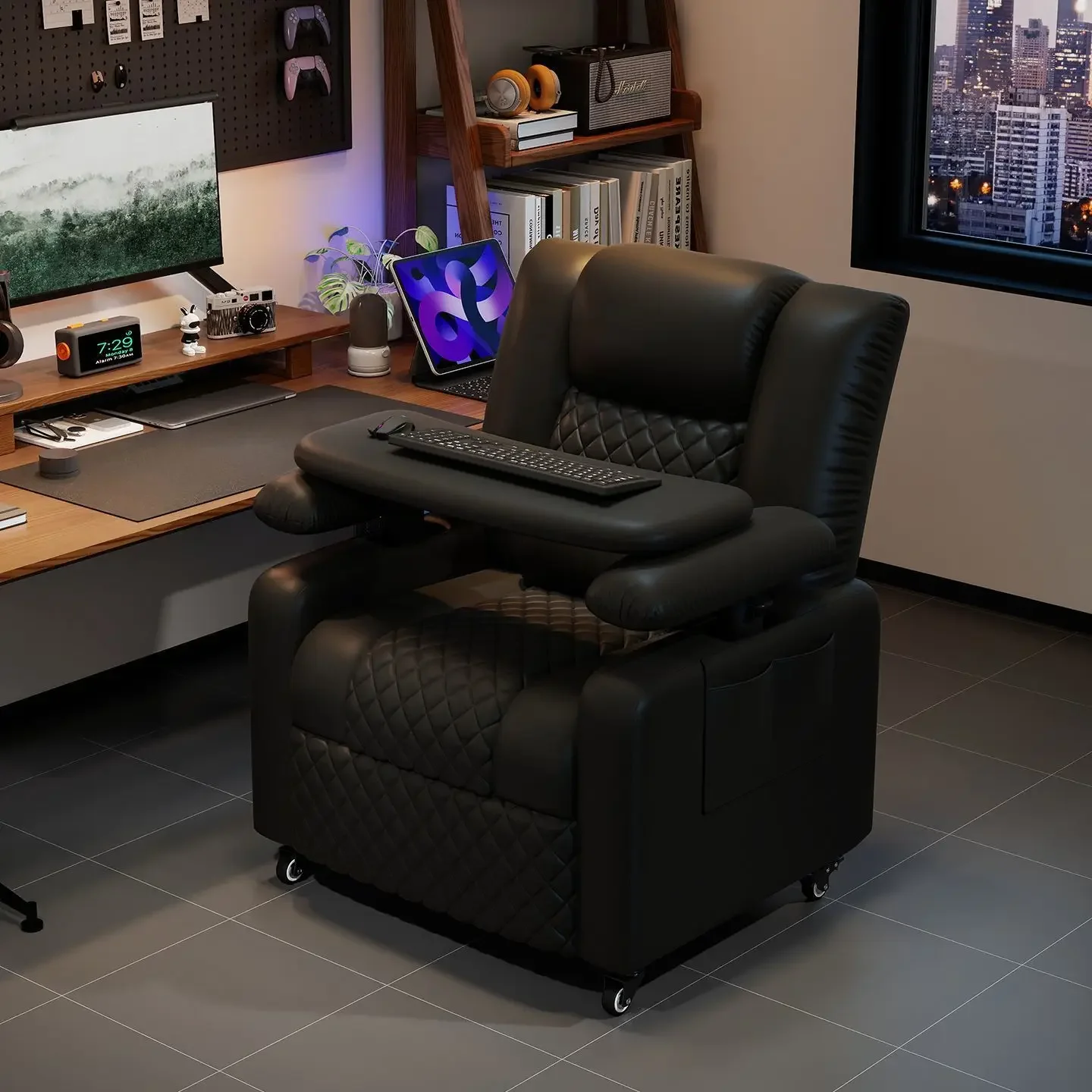 Movable leather e-sports sofa, household single lazy sofa, space multi-functional first-class Internet cafe computer chair
