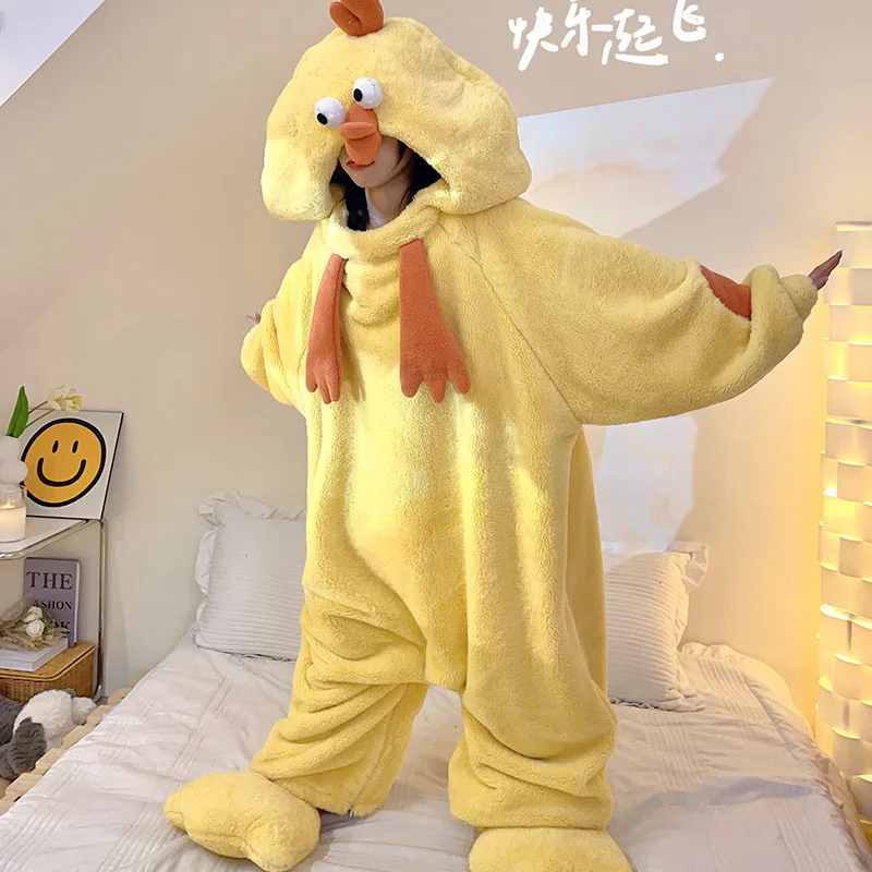 Women Onesies Little Yellow Chicken One-piece Pajamas Flannel Cute Funny Girls Homewear Cartoon Jumpsuit Couple Bestie Sleepwear