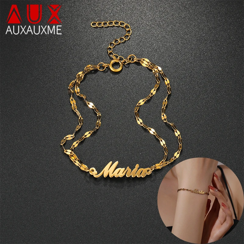 

Auxauxme Custom Name Bracelets for Women Men Stainless Steel Double Chains Personalized Nameplate Pendant Jeweley Party Gifts