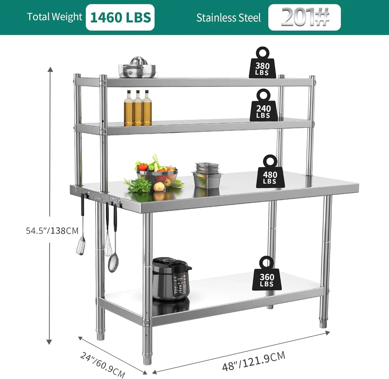 YITAHOME NSF-Table de travail en acier inoxydable avec étagères, table de préparation en métal, 48 po x 24 po, étagère de 48 po x 12 po