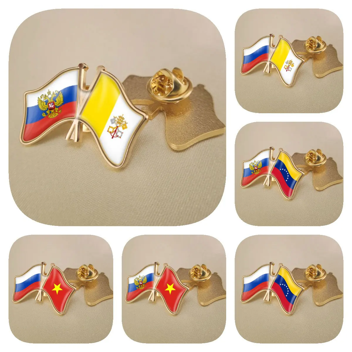 Russian Federation and Vatican City State Venezuela Vietnam Double Crossed Friendship Flags Brooches Lapel Pins Badges