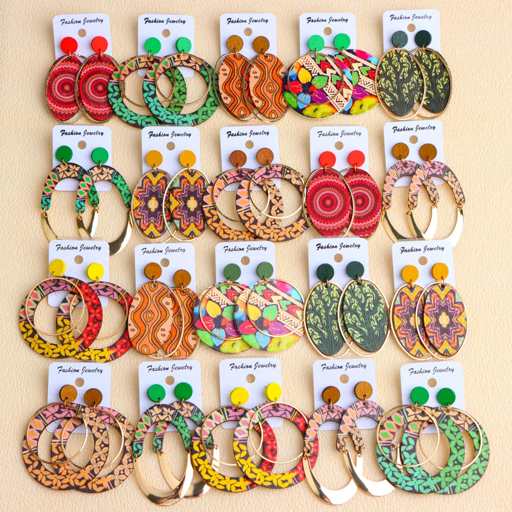 10 زوج/وحدة موضة أنيقة العرقية هندسية متعدد الألوان أقراط خشبية للنساء عطلة يومية مجوهرات اكسسوارات هدايا الحفلات