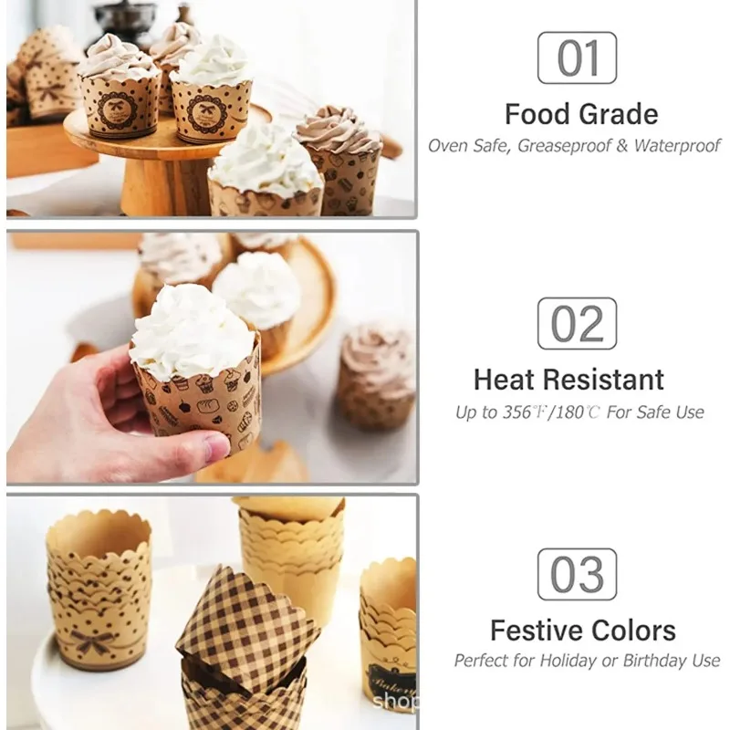 New 50pcs  Cake Baking Cup, Cupcake Moulds Paper, Mousse Cupwith Cover Baking Catering Container, Cake Cup, Muffin Cup