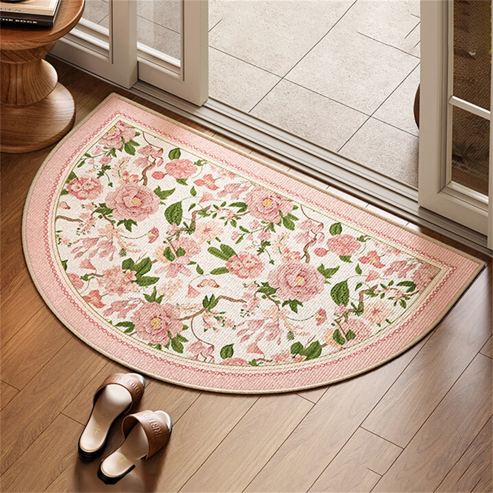 Anti-Stain Wear-Resistant Room Door Mat Waterproof Non-slip Pink Flower Printed Semi-round Mat Customizable Pastoral Style