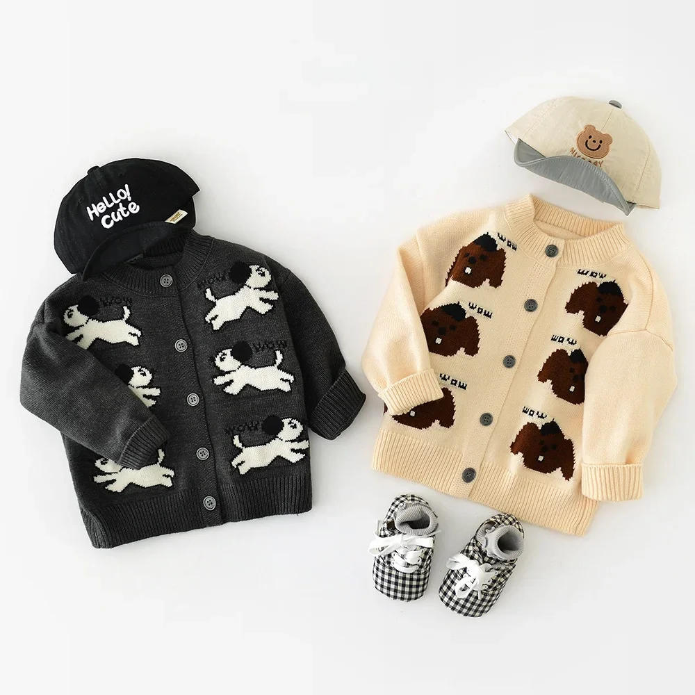 2025 Autumn Newborn Toddler Knit Cardigan Cute Dog Pattern Button-up Baby Sweater 0-3 Y Kids Warm Clothing