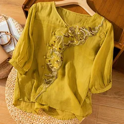 Summer Women's Shirt 2024 New Vintage Embroidery Cotton Linen Blouse Shirt Solid Colour Casual Loose Round Neck Shirt Tops