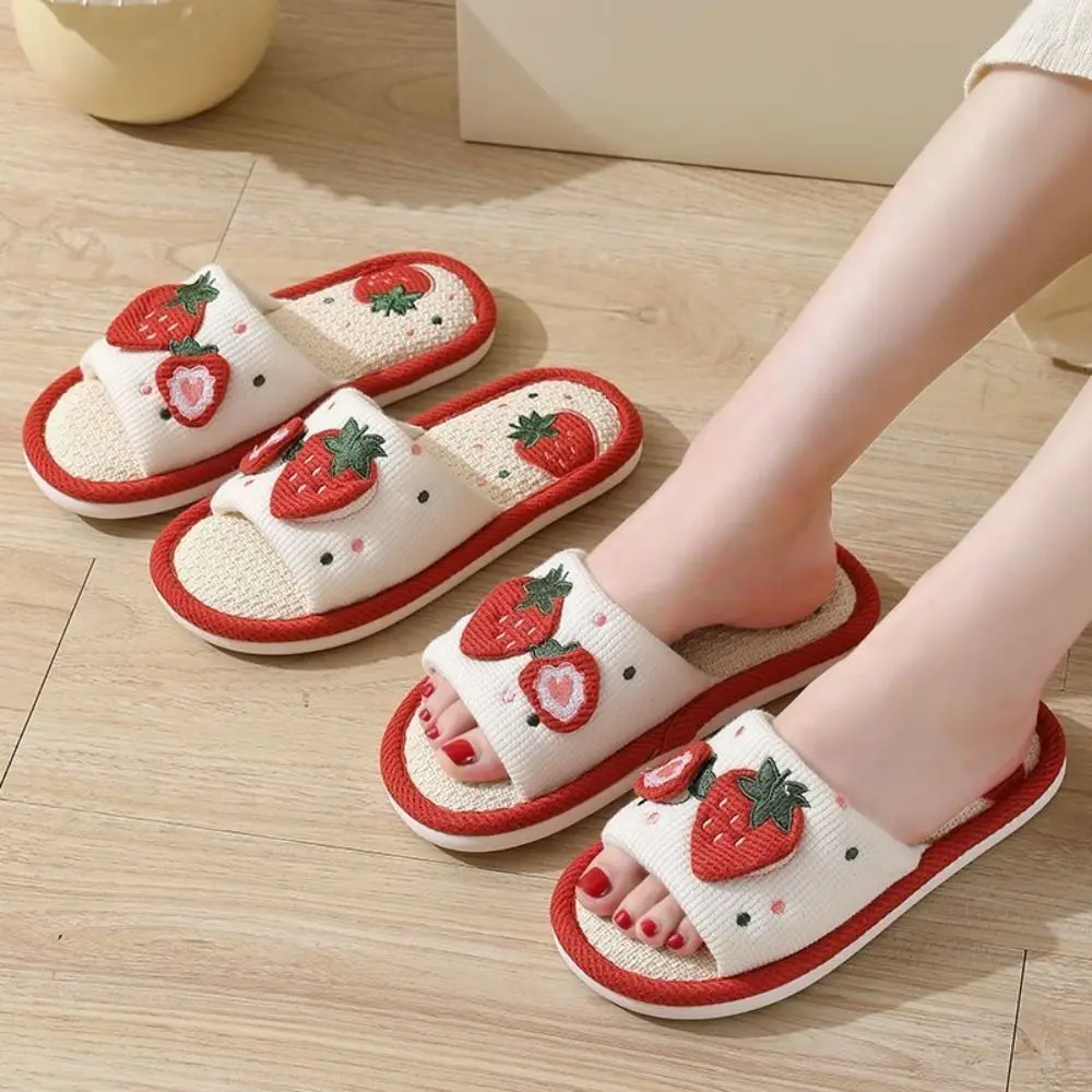 

Kawaii Soft Sole House Linen Slippers Flax Anti Slip Strawberry Slippers Women Breathable Open Toe Home Wear Shoes Girls