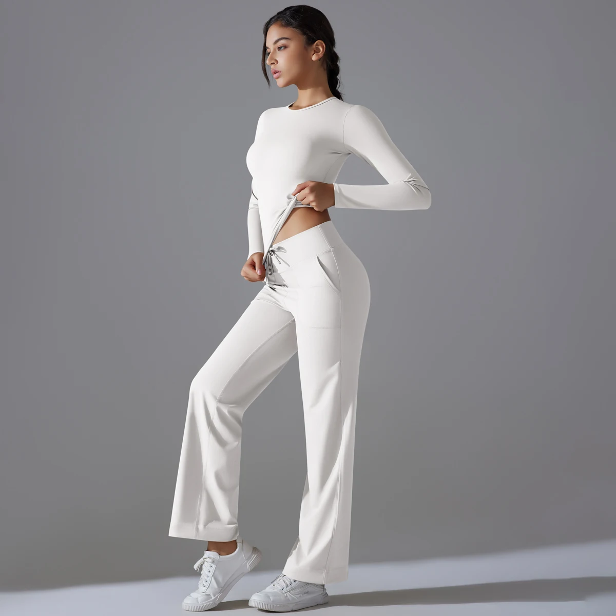 New Woman Yoga Set Quick Drying Slim Casual Long Sleeves High Waisted Lifting Buttocks Sports Pockets Yoga Pants Gym Yoga Set