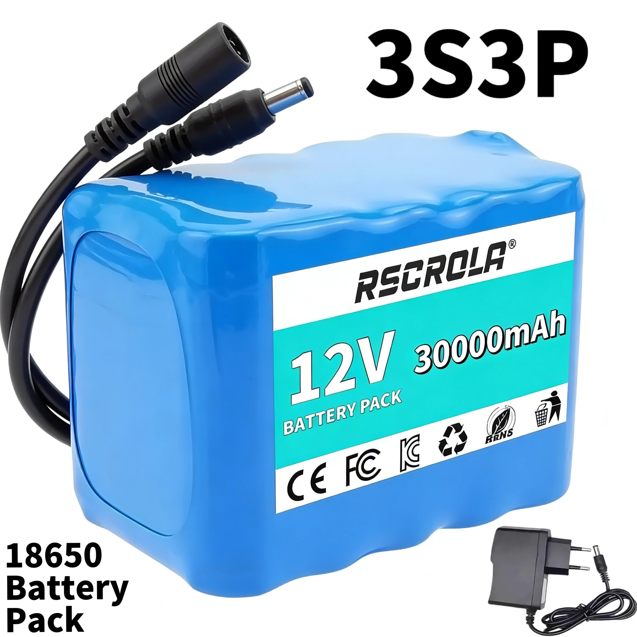 

12 В 30000 мАч 3S3P 18650 литиевый аккумулятор с BMS + зарядное устройство 12,6 В для рыбацкого велосипеда