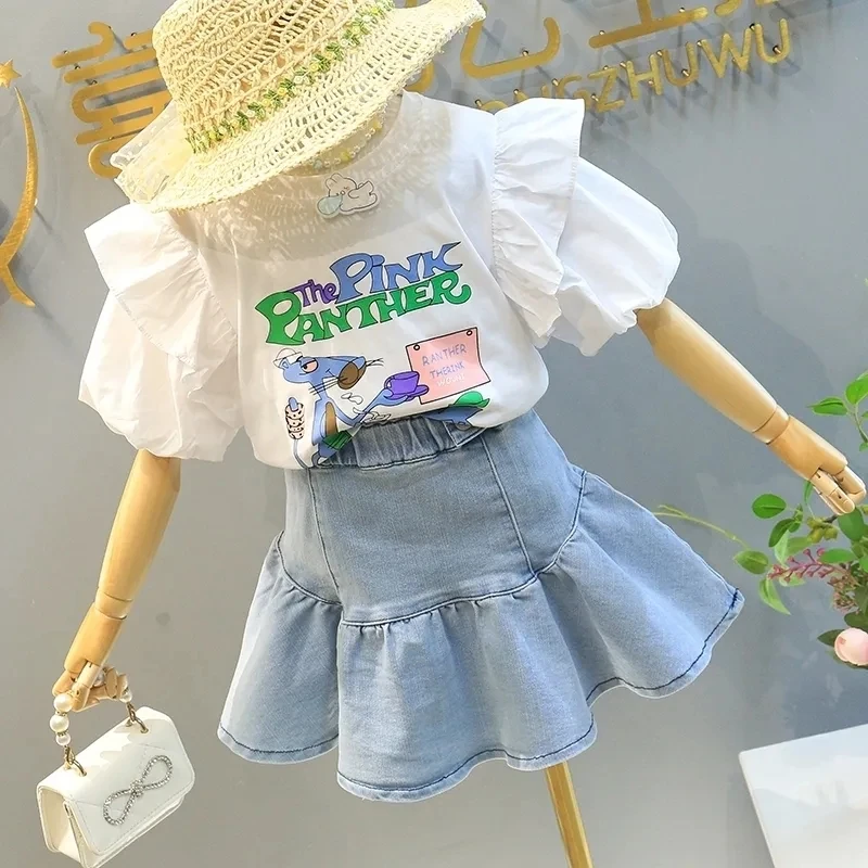 Girls Denim Skirt Set 2023 Summer New Children's Korean Version Ruffled Short Skirt T-shirt 2-piece Girls' Baby Clothes Set