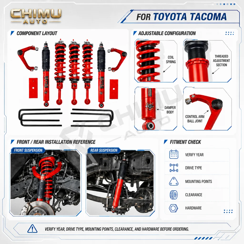 【CHIMU AUTO】FOR Toyota Tacoma Adjustable Suspension Coilovers Upper Control Arms Rear Shocks Full Kit