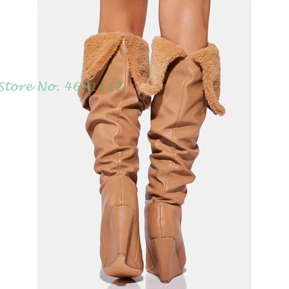 Pleated Fur Knee High Wedges Boots Women Sewing Pointed Toe Leather Long High Heel Shoes Black Brown Turned Over Edges Boots