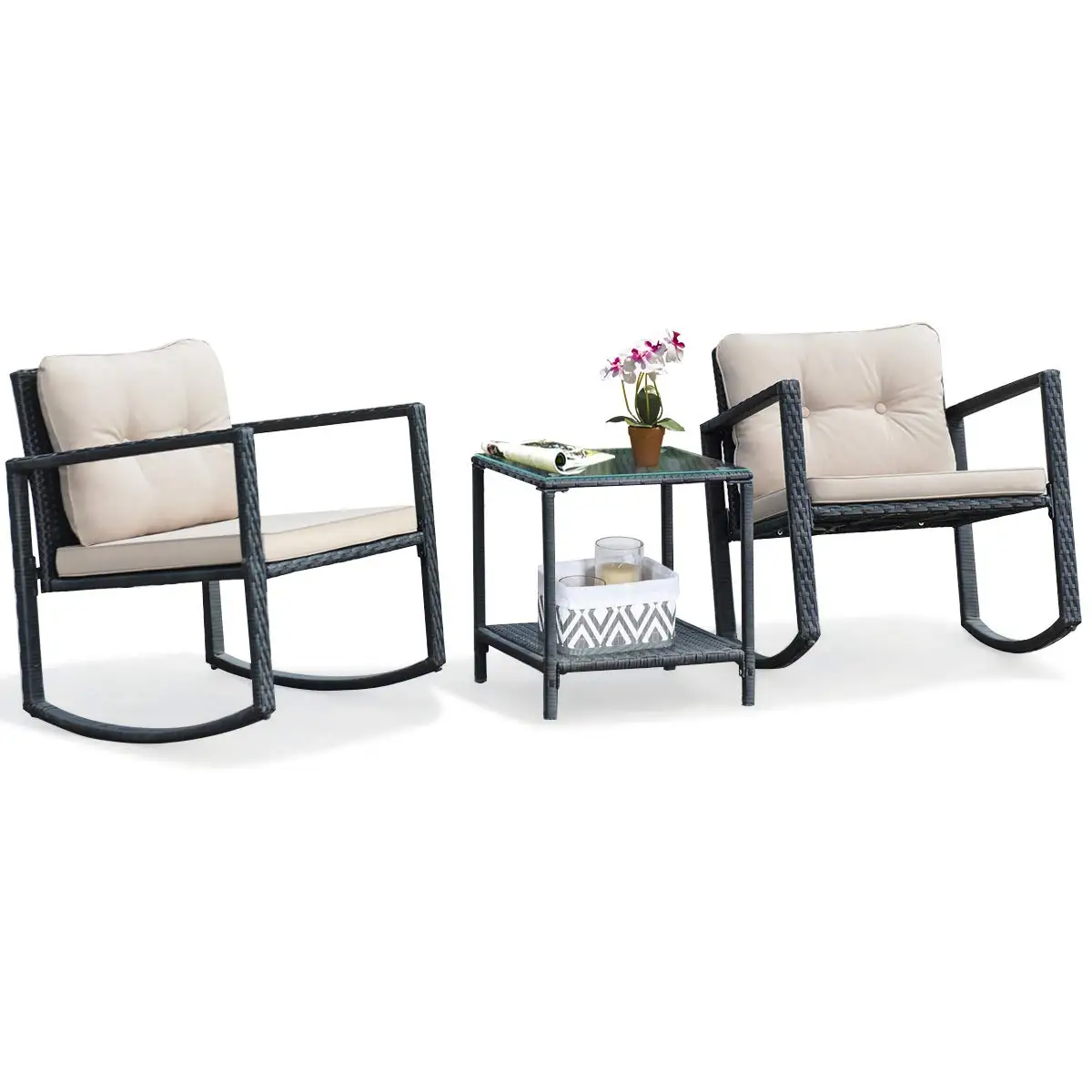 3 Pieces Patio Wicker Rocking Set, Outdoor Rocking Chairs and Table Set with Cushions, Glass Coffee Table with, Customized