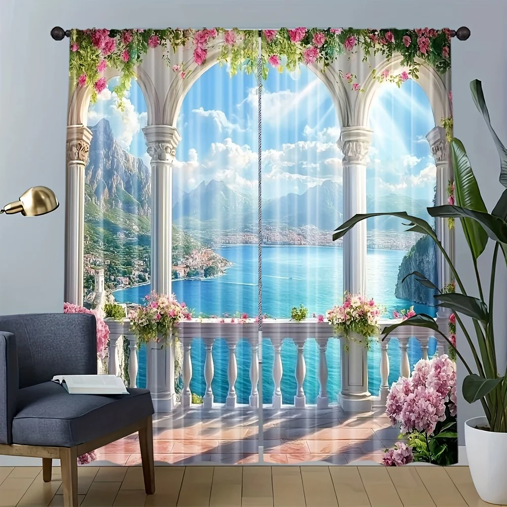 Lake View Curtains 2pcs – European Villa with Archway and Flowers, Romantic Scenic Window Decor for Living Room