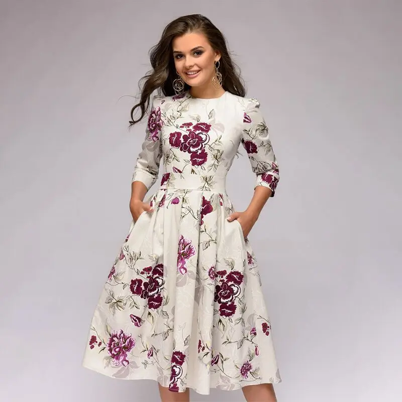 Autumn Winter Small Floral Women's Dress Party Retro Three-quarter Sleeve Round Neck Zipper A-line Dress