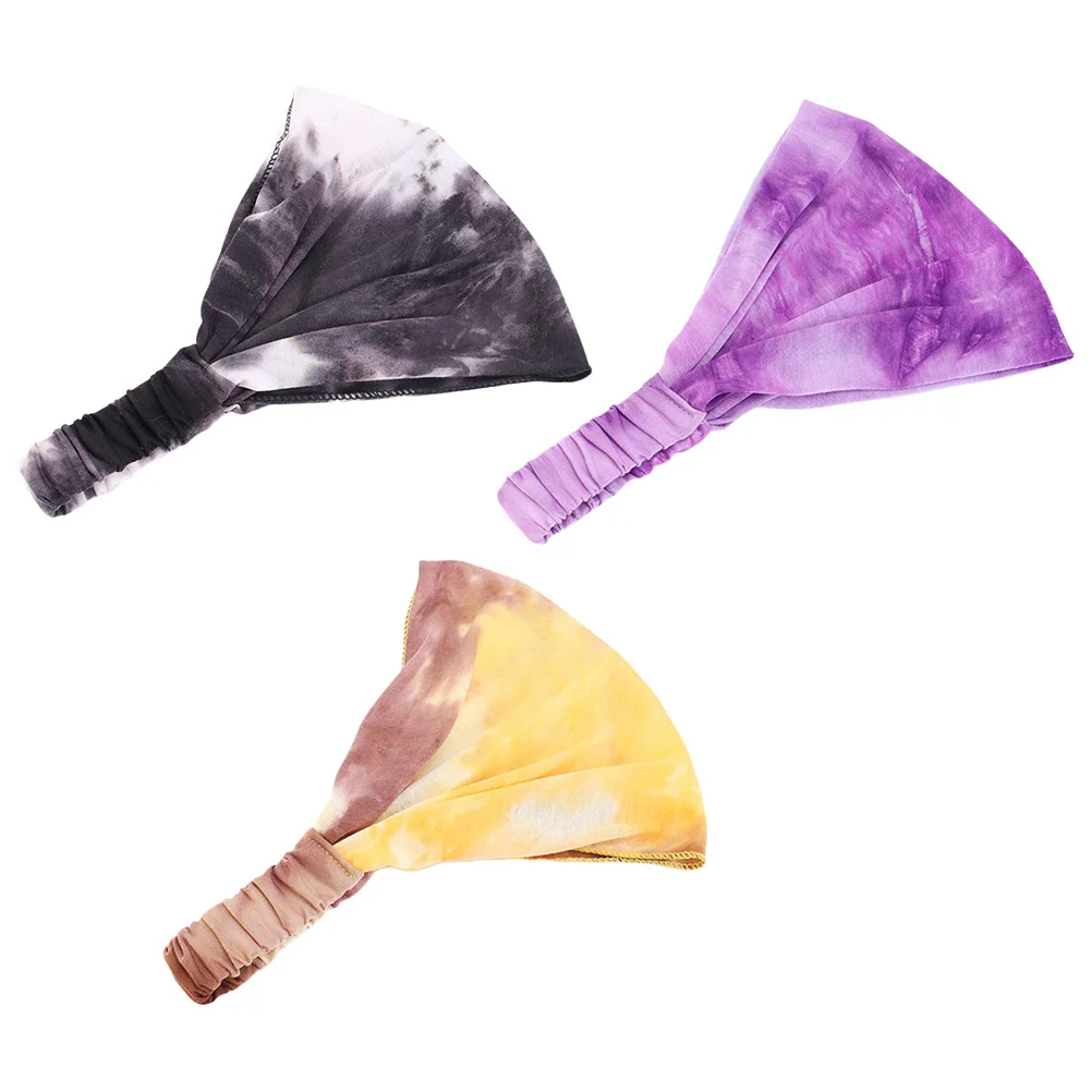 

3Pcs Comfortable Cotton Headbands Tie-Dye Adjustable Wide-Brimmed Hairbands for Women Elastic Yellow Purple Black