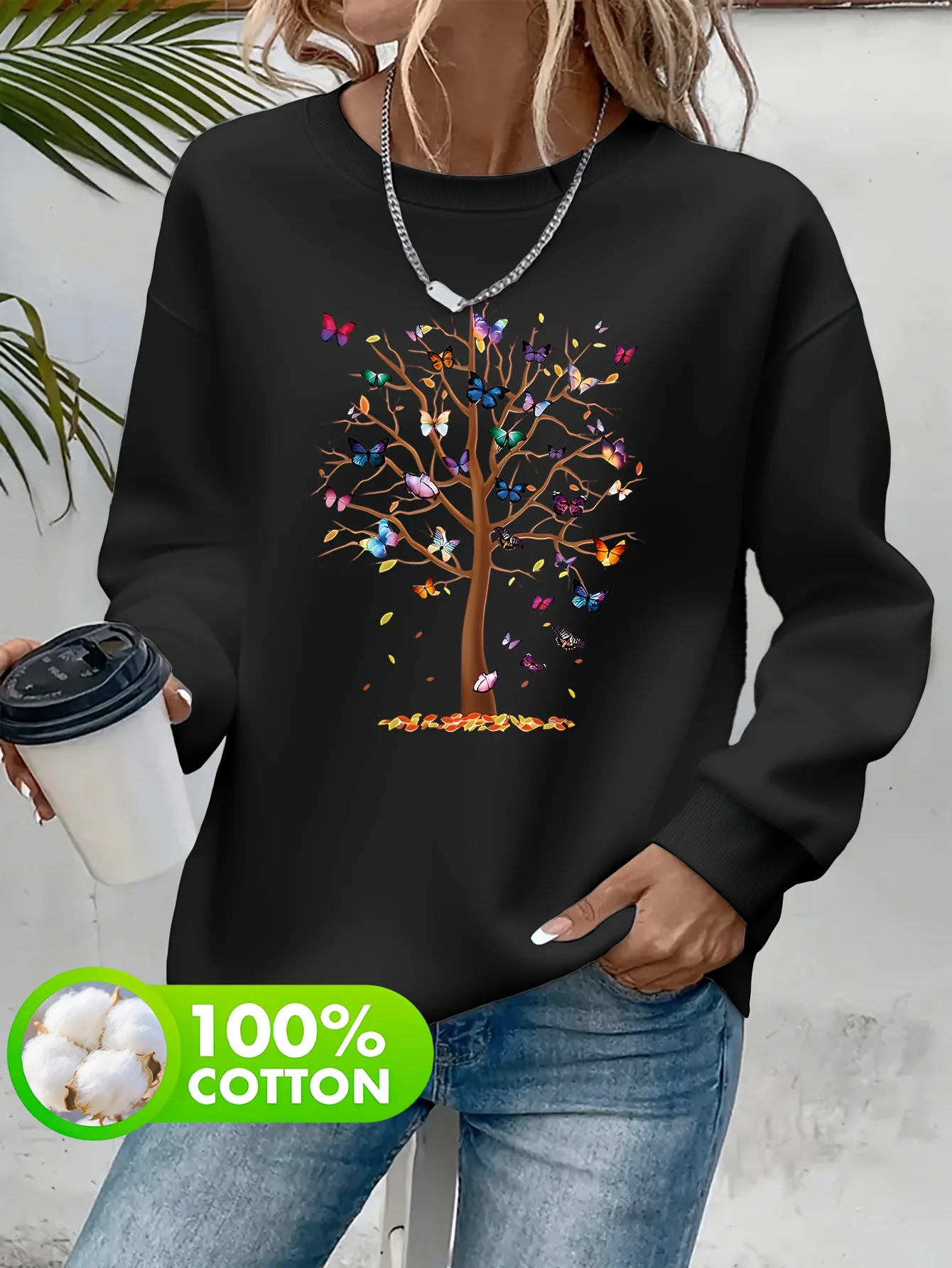 سترة نسائية مطبوعة بأوراق شجر الخريف على شكل فراشة سترة نسائية غير رسمية بأكمام طويلة يجب اقتناؤها للخريف والشتاء الخيار الأول