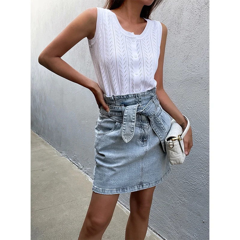 

Zhang Xiaoye INS Blogger Sle Rabbit Ear Waisand Denim Blue Skirt Women's High Waist Cotton Spring Summer 202