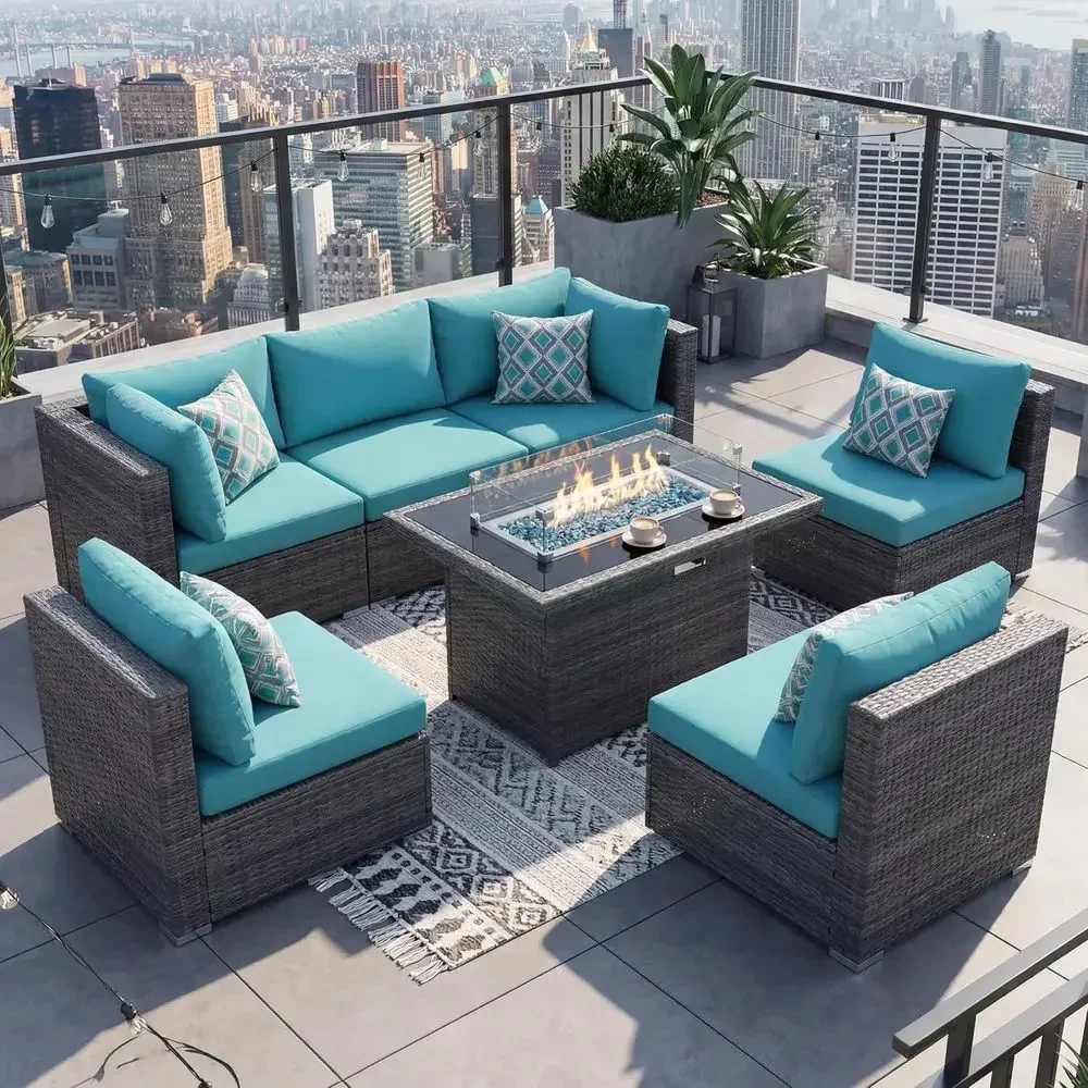 7-Piece Large Outdoor Patio Furniture Set with Propane Fire Pit, High-Back Wicker Sectional Sofas, Deep Seating, Turquoise